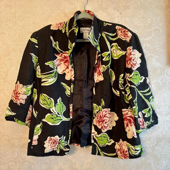 Cute Linen Blend 90s Black No Close Jacket with Large Print Pink Flowers Size 14 - Picture 8 of 10